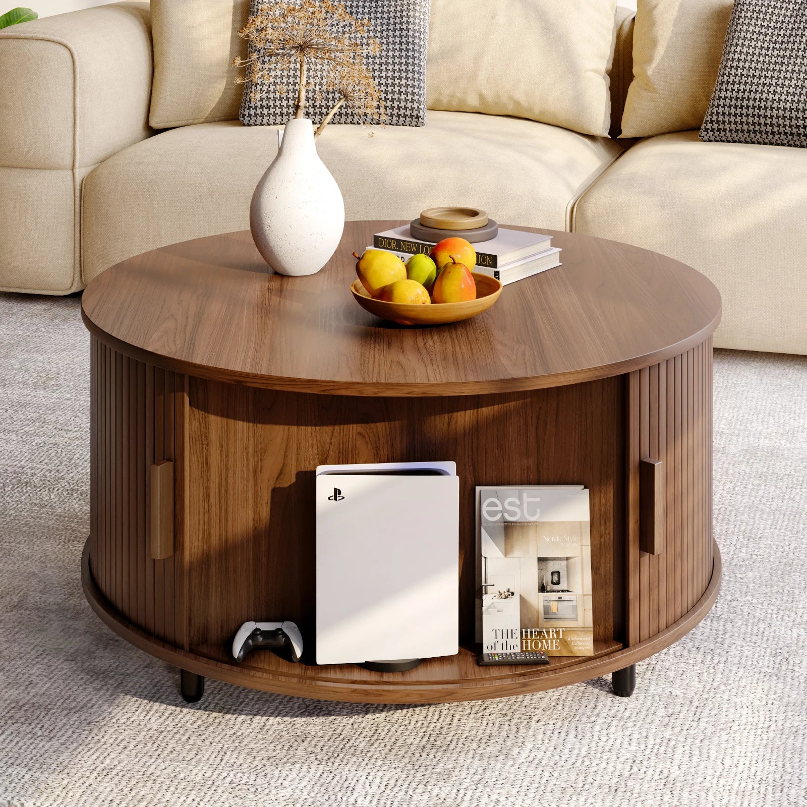 Casae Round Coffee Table With Storage 31.5 Modern Living Room Table With 360 Degree Curved Sliding Door Fluted Wood
