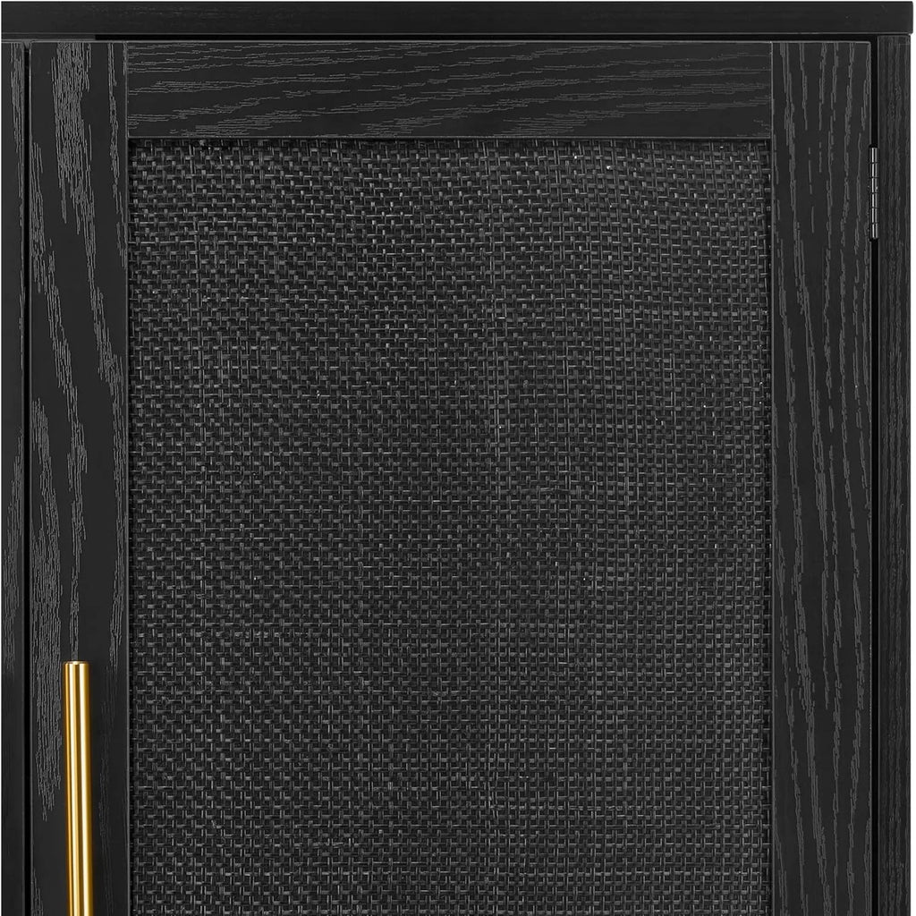 4-Door Sideboard Cabinet For Kitchen Storage With Black Rattan Doors Handwoven Rattan Weaving Six Solid Wood Legs