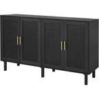 4-Door Sideboard Cabinet For Kitchen Storage With Black Rattan Doors Handwoven Rattan Weaving Six Solid Wood Legs
