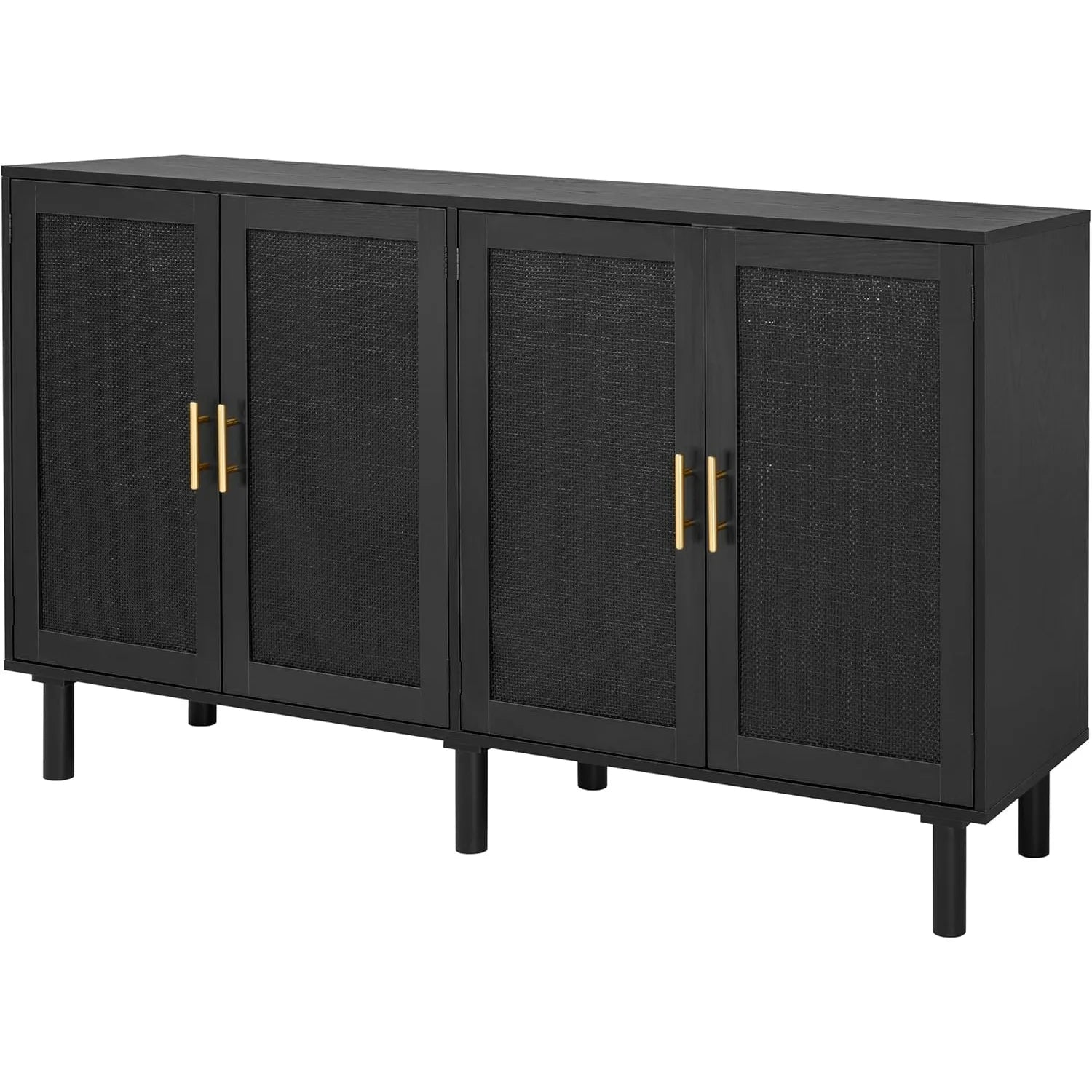 4-Door Sideboard Cabinet For Kitchen Storage With Black Rattan Doors Handwoven Rattan Weaving Six Solid Wood Legs