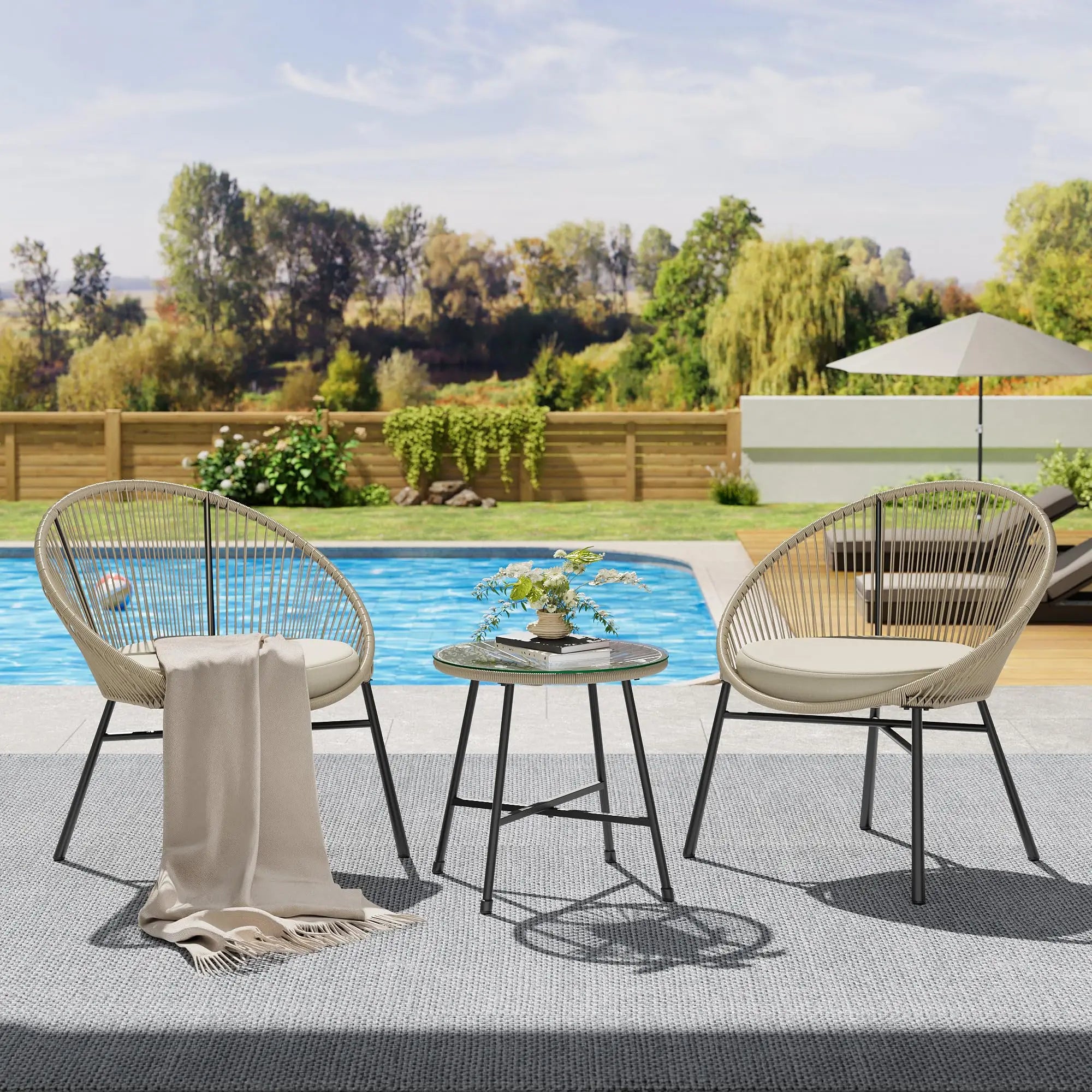 3 Pieces Outdoor Acapulco Chair Patio Bistro Set, All-Weather Acapulco Chairs with Glass Top Table, Modern Patio Conversation