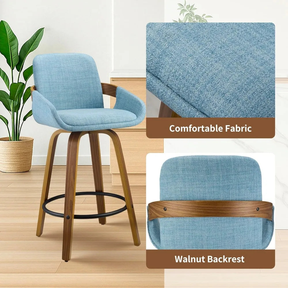 Bar Stool Set of 2, Fabric Counter High Stools with Back and Armrest 360° Swivel Walnut Bar Chair for Kitchen Island Home Dining