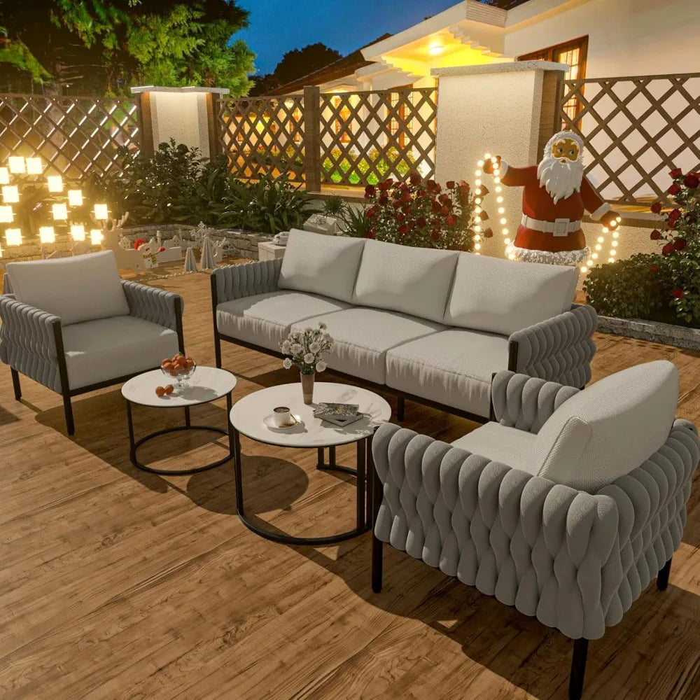 5-Piece Modern Metal Patio Furniture Set - Rope-Woven Outdoor Deep-Seat Conversation Sofa with 6.3" Thick Cushions & Dual Nestin