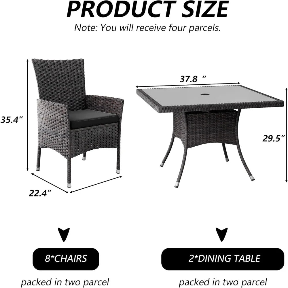 10-Piece Outdoor Dining Set Patio Rattan Furniture Set,Patio Dining Table and Chairs Set with 8 Chairs and Cushions,Square Glas