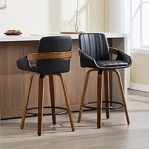 Bar Stool Set of 2, Fabric Counter High Stools with Back and Armrest 360° Swivel Walnut Bar Chair for Kitchen Island Home Dining