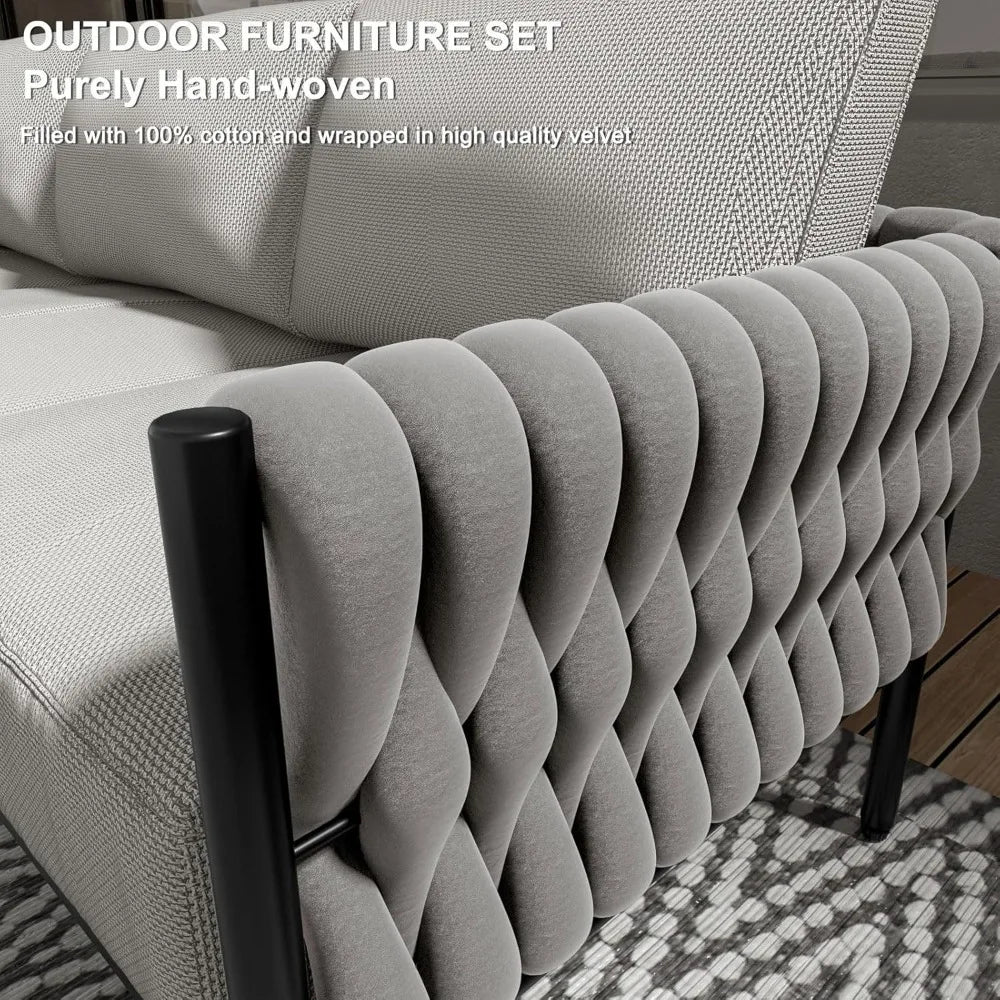 5-Piece Modern Metal Patio Furniture Set - Rope-Woven Outdoor Deep-Seat Conversation Sofa with 6.3" Thick Cushions & Dual Nestin