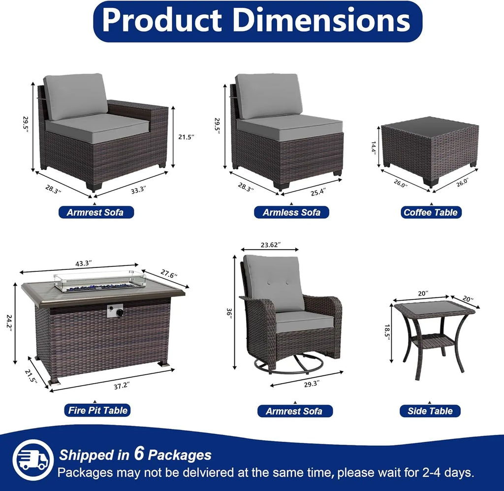 10 Pieces Patio Furniture Set with 2 Swivel Chairs Patio Furniture Outdoor Sectional Sofas with 55000 Gas Fire Pit Patio Convers