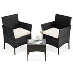 JHK 3 Pieces Outdoor Patio Furniture Set Manual Weaving Wicker Rattan Patio Chairs with Soft Cushion and Glass Table For Garden