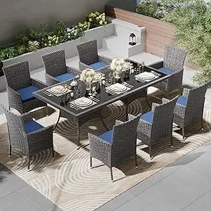 10-Piece Outdoor Dining Set Patio Rattan Furniture Set,Patio Dining Table and Chairs Set with 8 Chairs and Cushions,Square Glas
