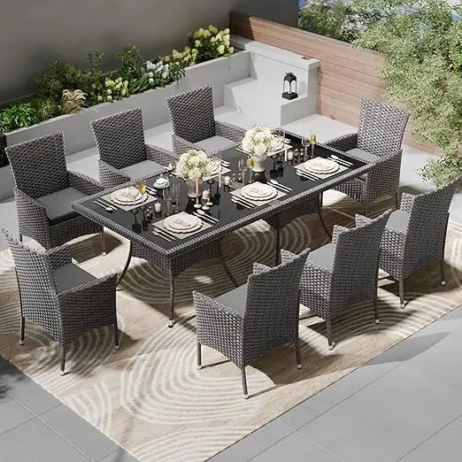 10-Piece Outdoor Dining Set Patio Rattan Furniture Set,Patio Dining Table and Chairs Set with 8 Chairs and Cushions,Square Glas