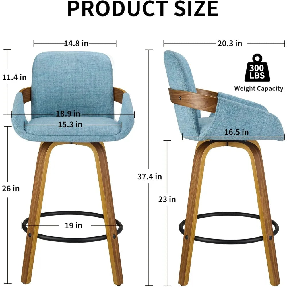 Bar Stool Set of 2, Fabric Counter High Stools with Back and Armrest 360° Swivel Walnut Bar Chair for Kitchen Island Home Dining