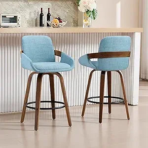 Bar Stool Set of 2, Fabric Counter High Stools with Back and Armrest 360° Swivel Walnut Bar Chair for Kitchen Island Home Dining