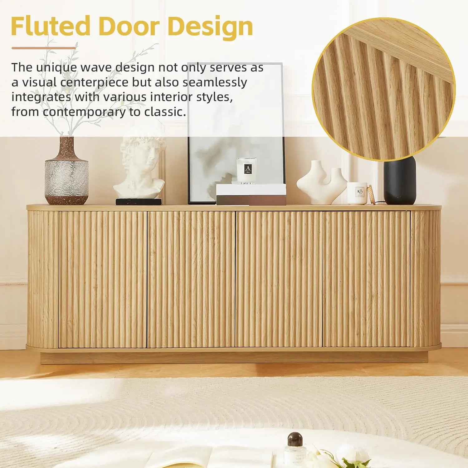 Fluted TV Stand For 75 Inch TVs With Ample Storage And Modern Living Room Console Cabinet