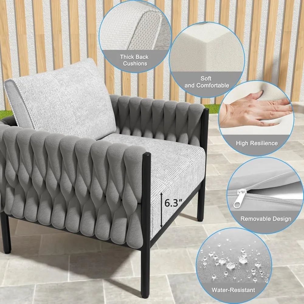 5-Piece Modern Metal Patio Furniture Set - Rope-Woven Outdoor Deep-Seat Conversation Sofa with 6.3" Thick Cushions & Dual Nestin