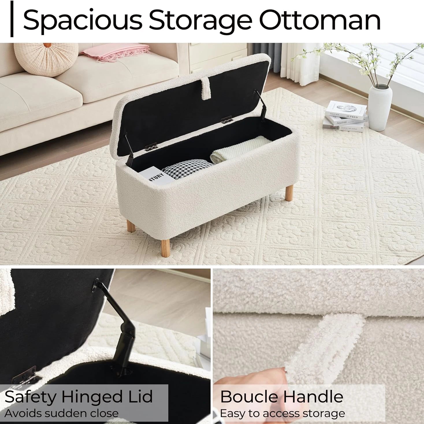 Boucle Storage Ottoman Bench Upholstered Shoe Seat for Bedroom With Wood Frame and High-Density Foam