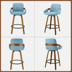 Bar Stool Set of 2, Fabric Counter High Stools with Back and Armrest 360° Swivel Walnut Bar Chair for Kitchen Island Home Dining