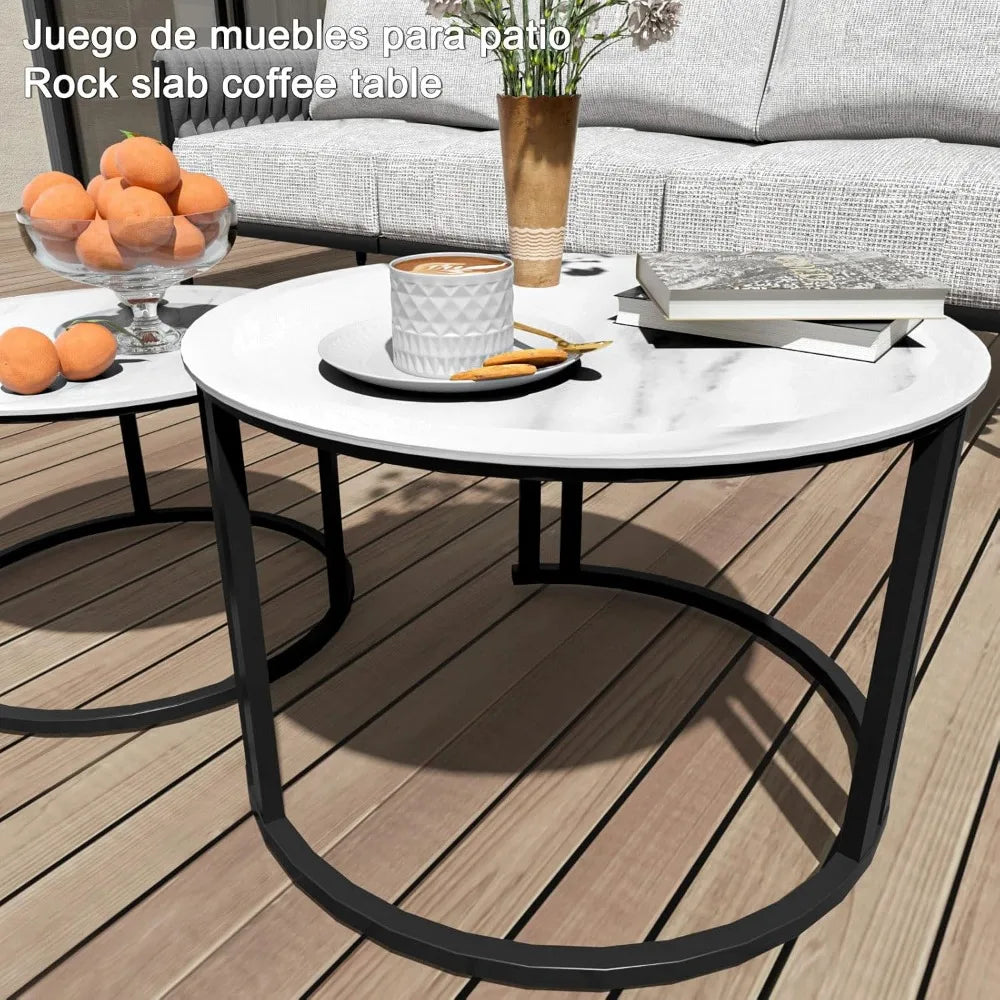 5-Piece Modern Metal Patio Furniture Set - Rope-Woven Outdoor Deep-Seat Conversation Sofa with 6.3" Thick Cushions & Dual Nestin