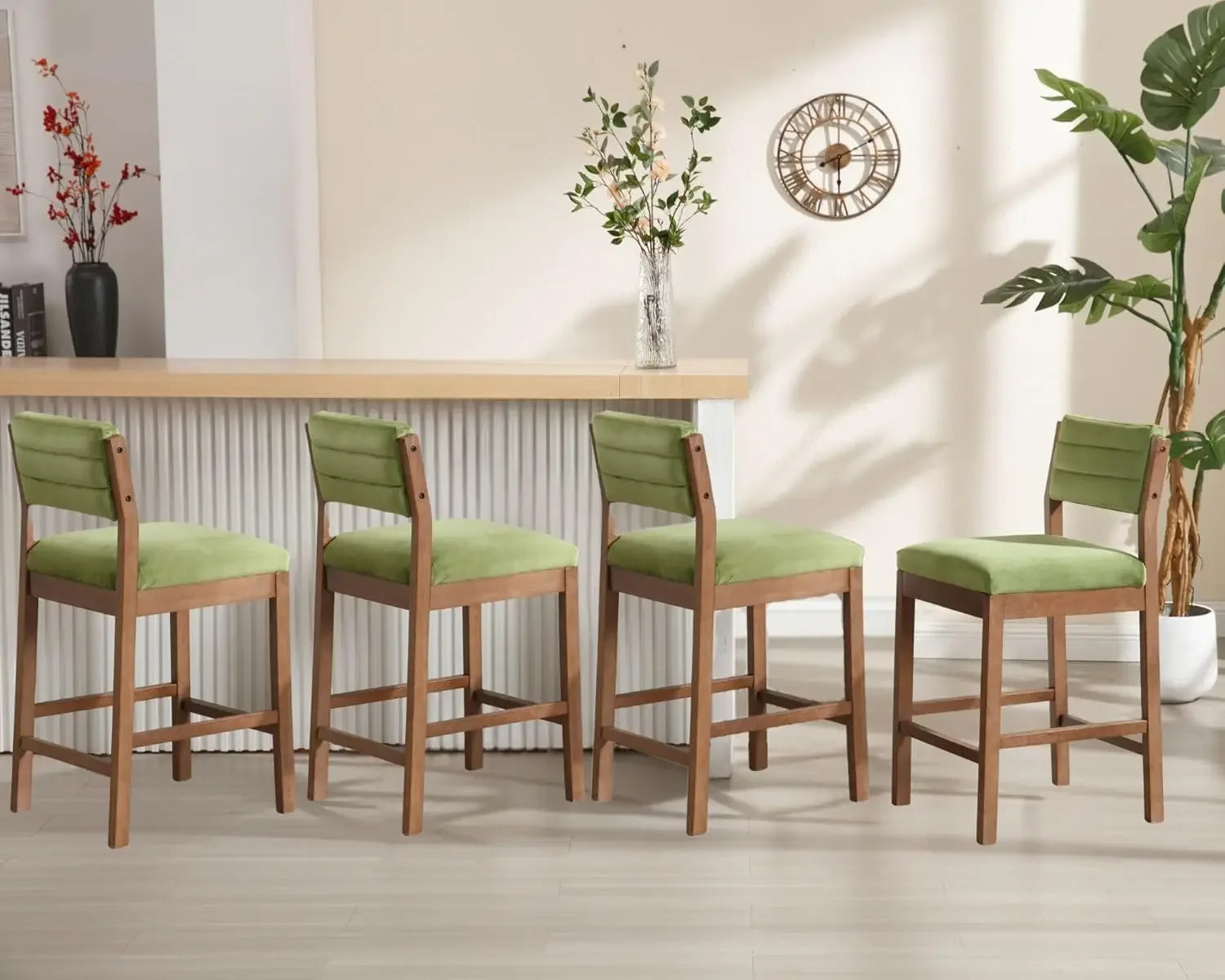 26.5" Tall Bar Stools Set of 4, Modern Counter Height with Backrests, Beige Linen Upholstered Chairs for Kitchen Island or Bar U