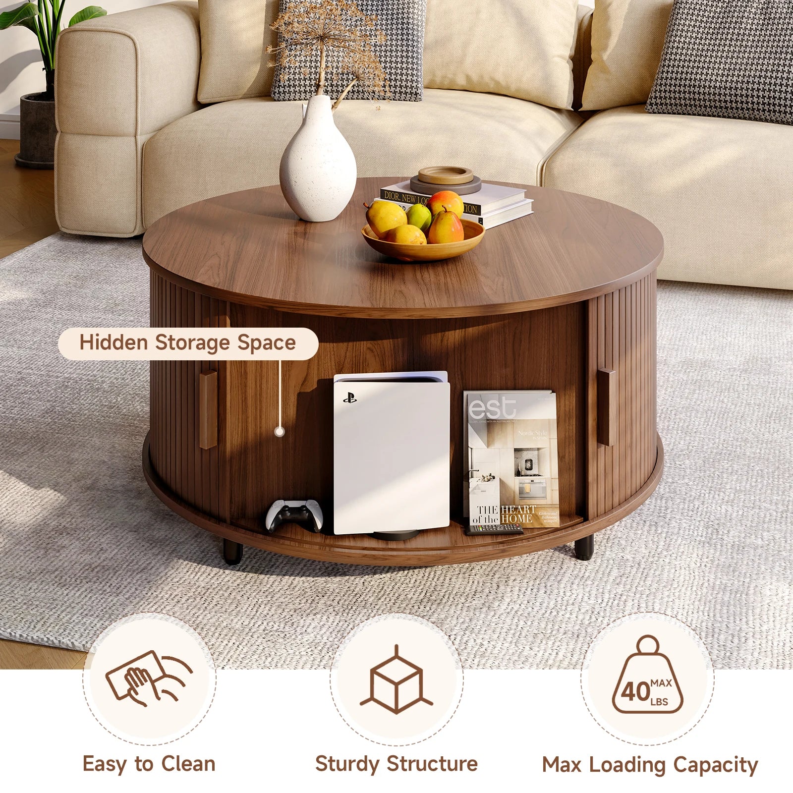 Casae Round Coffee Table With Storage 31.5 Modern Living Room Table With 360 Degree Curved Sliding Door Fluted Wood