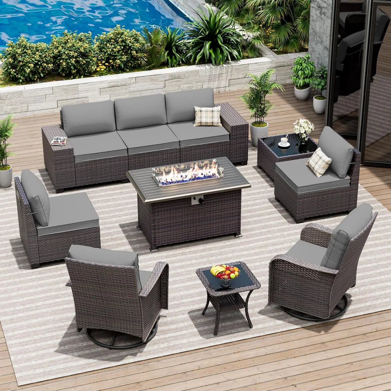 10 Pieces Patio Furniture Set with 2 Swivel Chairs Patio Furniture Outdoor Sectional Sofas with 55000 Gas Fire Pit Patio Convers
