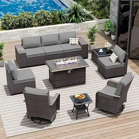 10 Pieces Patio Furniture Set with 2 Swivel Chairs Patio Furniture Outdoor Sectional Sofas with 55000 Gas Fire Pit Patio Convers