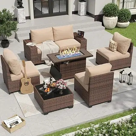 7 Pieces Patio Furniture Set with 44” Fire Pit Table Wicker Rattan Sectional Conversation Set with Coffee Table and 4”