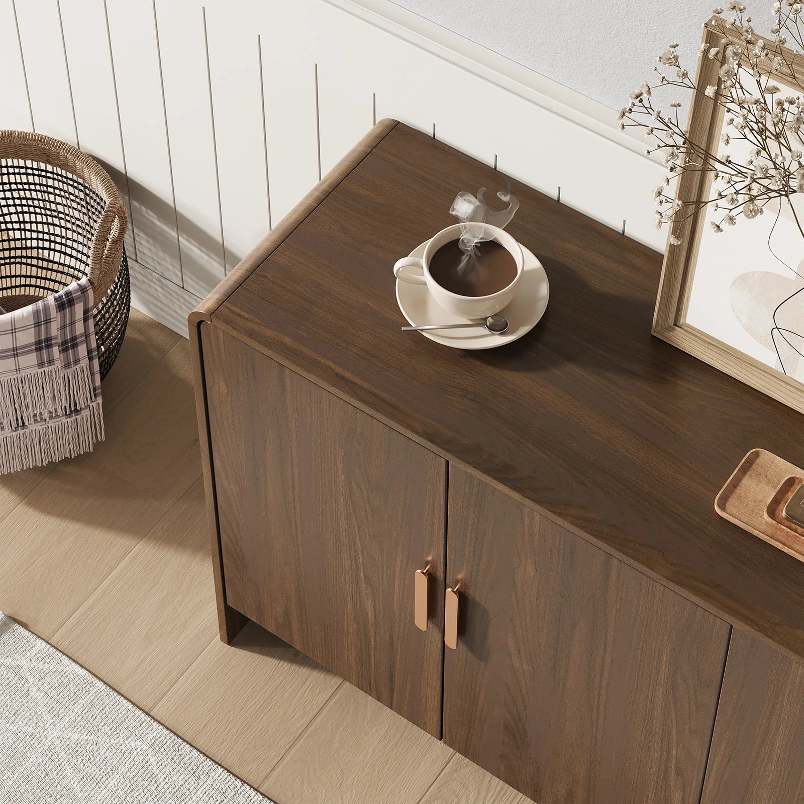 60-Inch Wide Sideboard Buffet Cabinet With Four-Door Storage And Coffee Bar Setup