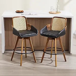 Bar Stool Set of 2, Fabric Counter High Stools with Back and Armrest 360° Swivel Walnut Bar Chair for Kitchen Island Home Dining
