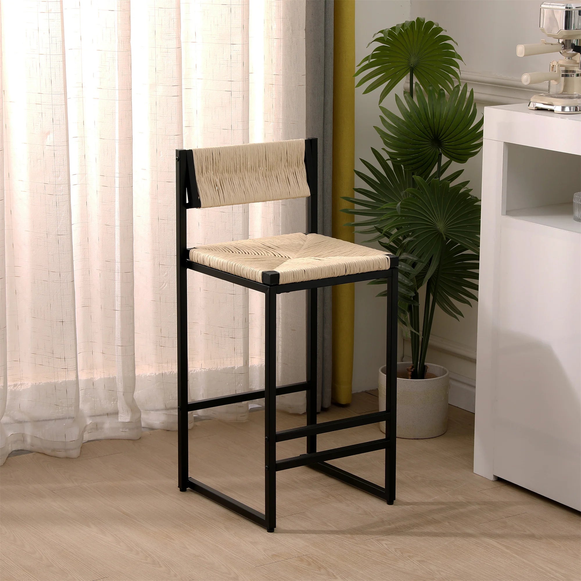 2pcs High Bar Stools Chairs Paper Rope Woven Barstools 220lbs Max Weighing Capacity for Kitchen Dining Room Coffee Shop