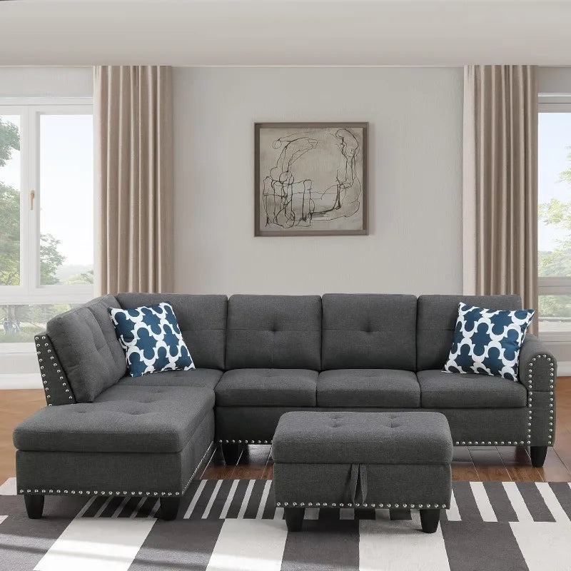 Aurello Linen L-Shape Sectional with Ottoman