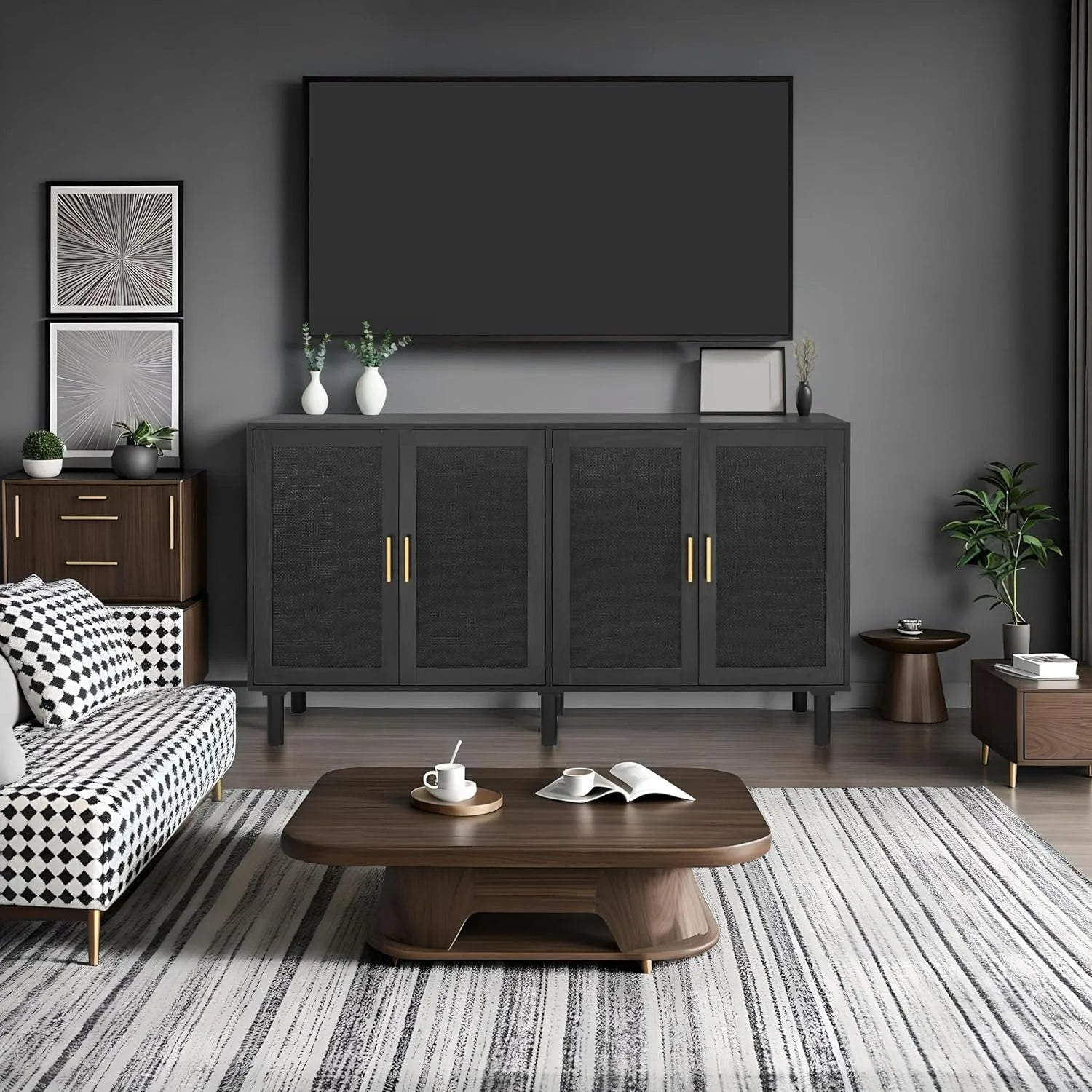 4-Door Sideboard Cabinet For Kitchen Storage With Black Rattan Doors Handwoven Rattan Weaving Six Solid Wood Legs