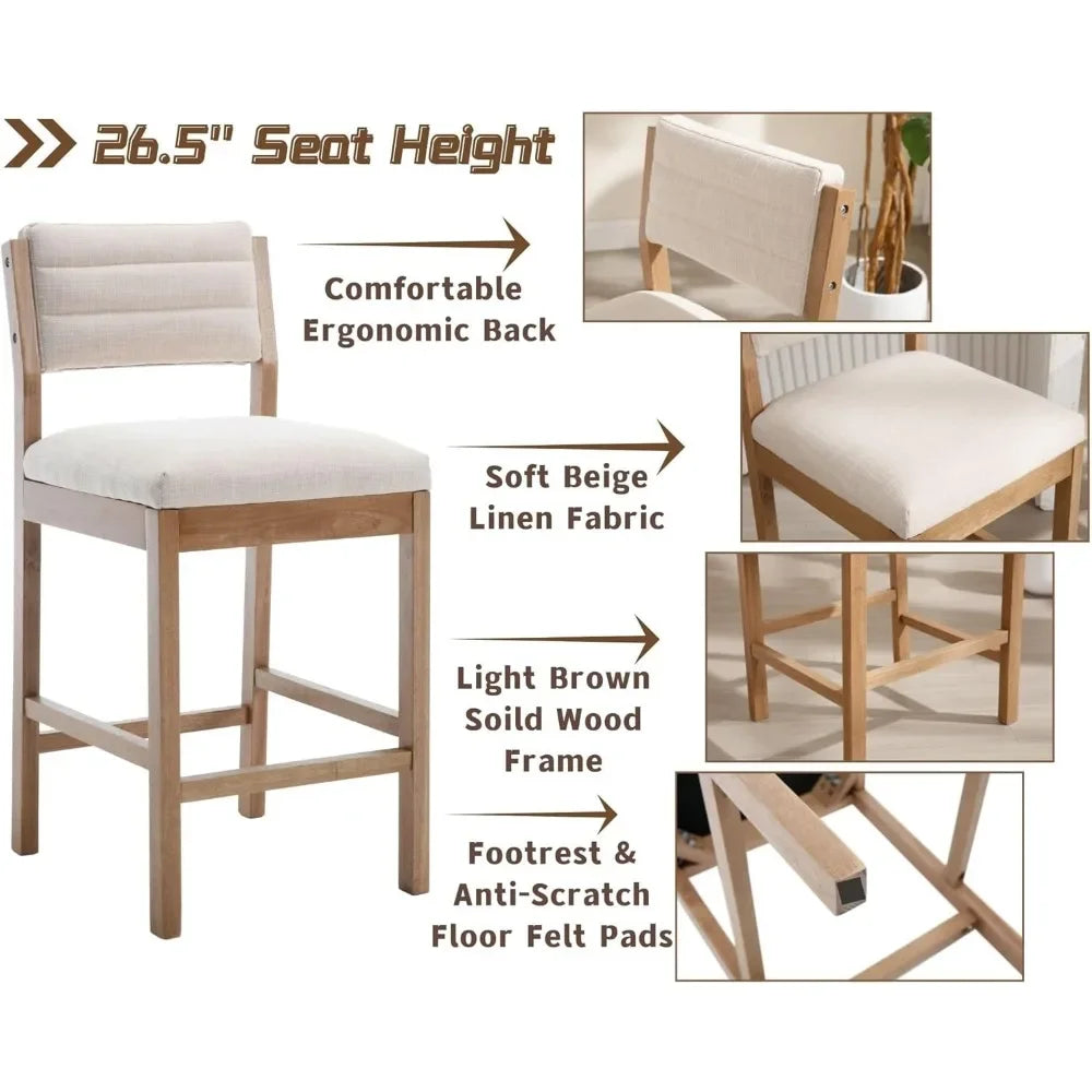 26.5" Tall Bar Stools Set of 4, Modern Counter Height with Backrests, Beige Linen Upholstered Chairs for Kitchen Island or Bar U
