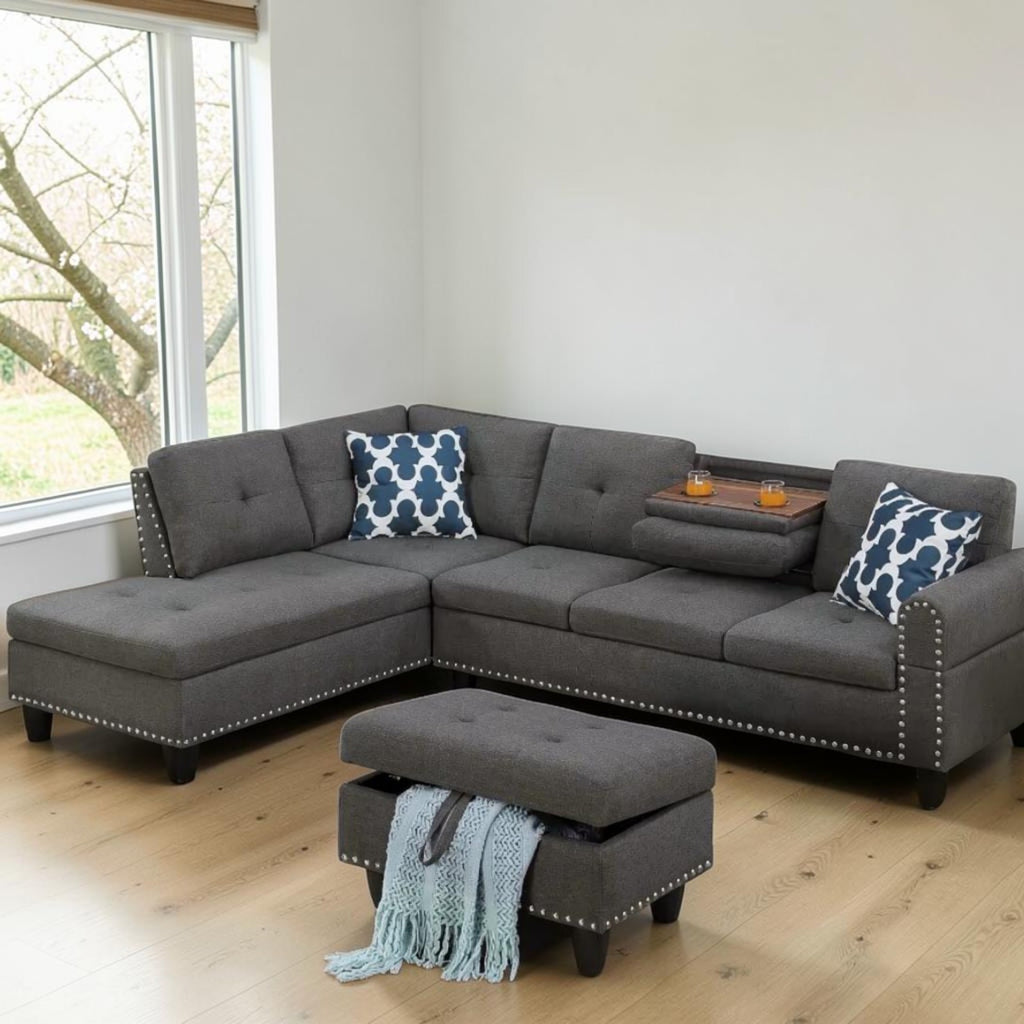 Aurello Linen L-Shape Sectional with Ottoman